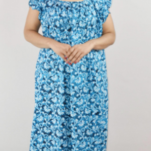 Blue Cotton Maxi Nighty Square Neck Short Sleeves with pleats