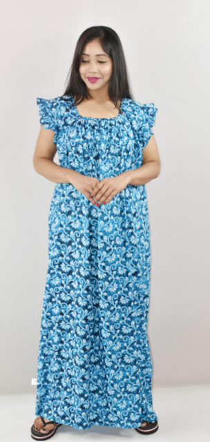 Blue Cotton Maxi Nighty Square Neck Short Sleeves with pleats
