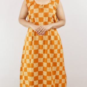 Yellow Cotton Maxi Nighty Round Neck & Sleeveles