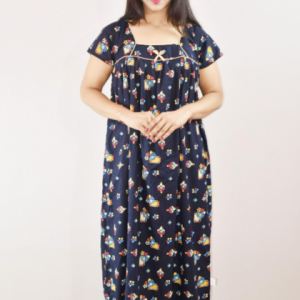 Navy Blue Cotton Maxi Nighty Square Neck Short Sleeve With Pipien