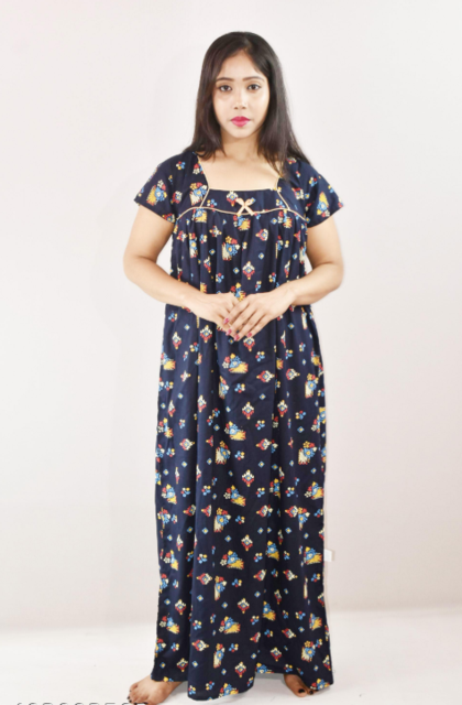 Navy Blue Cotton Maxi Nighty Square Neck Short Sleeve With Pipien