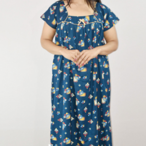 Blue Cotton Maxi Nighty Square Neck Short Sleeve With Pipien