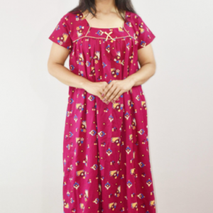 Pink Cotton Maxi Nighty Square Neck Short Sleeve With Pipien