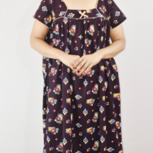 Maroon Cotton Maxi Nighty Square Neck Short Sleeve With Pipien