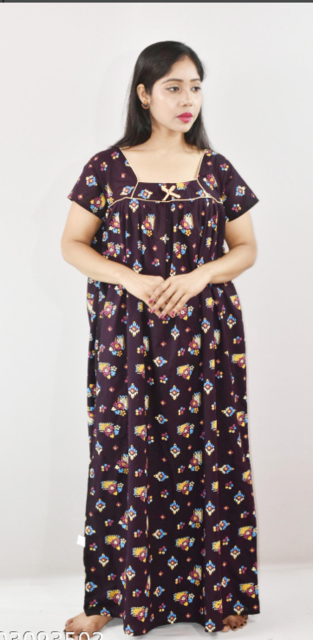 Maroon Cotton Maxi Nighty Square Neck Short Sleeve With Pipien
