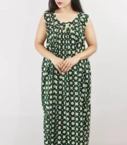 Green Cotton Maxi Nighty Round Neck Short Sleeve With Pipien
