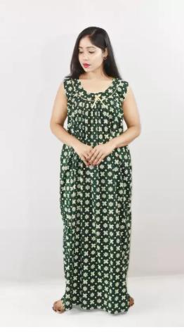 Green Cotton Maxi Nighty Round Neck Short Sleeve With Pipien