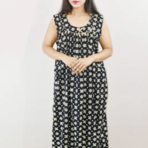 Navy Blue Cotton Maxi Nighty Round Neck Short Sleeve With Pipien
