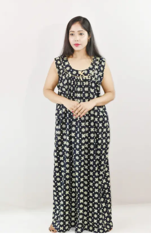 Navy Blue Cotton Maxi Nighty Round Neck Short Sleeve With Pipien