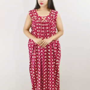 Pink Cotton Maxi Nighty Round Neck Short Sleeve With Pipien