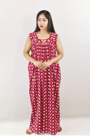 Pink Cotton Maxi Nighty Round Neck Short Sleeve With Pipien