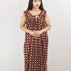 Maroon Cotton Maxi Nighty Round Neck Short Sleeve With Pipien