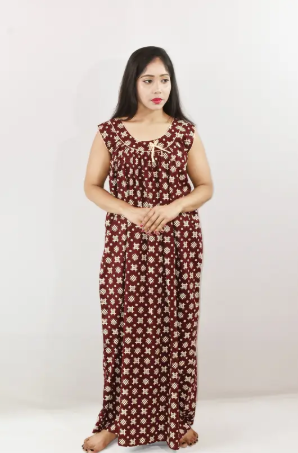 Maroon Cotton Maxi Nighty Round Neck Short Sleeve With Pipien