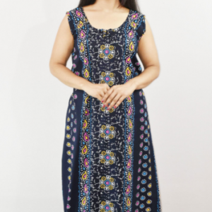 Navy Blue Cotton Maxi Nighty Round Neck & Sleeveles