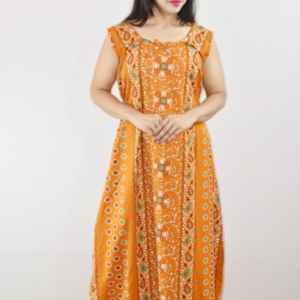 Yellow Cotton Maxi Nighty Round Neck & Sleeveles