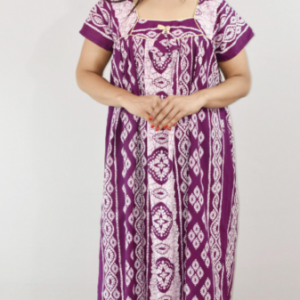 Purple Cotton Maxi Nighty Square Neck Short Sleeve With Pipien