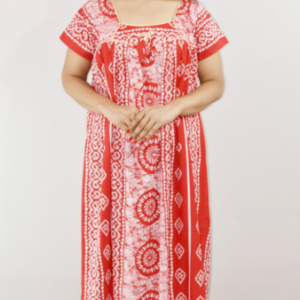 Red Cotton Maxi Nighty Square Neck Short Sleeve With Pipien
