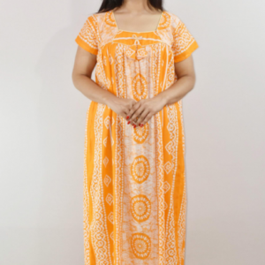 Yellow Cotton Maxi Nighty Square Neck Short Sleeve With Pipien