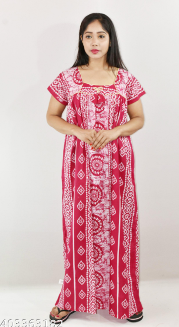 Pink Cotton Maxi Nighty Square Neck Short Sleeve With Pipien