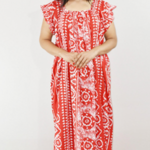 Red Cotton Maxi Nighty Square Neck Short Sleeves with pleats