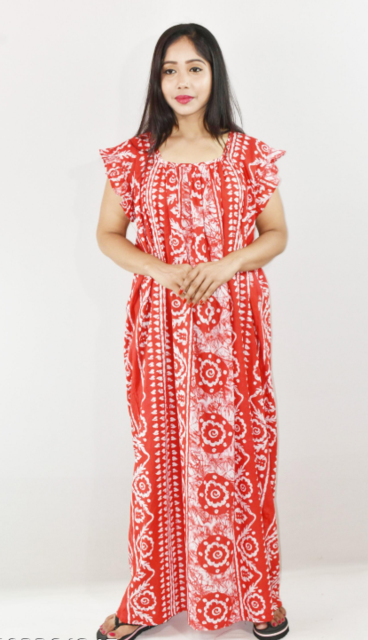 Red Cotton Maxi Nighty Square Neck Short Sleeves with pleats