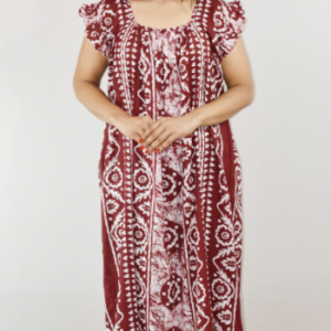 Maroon Cotton Maxi Nighty Square Neck Short Sleeves with pleats