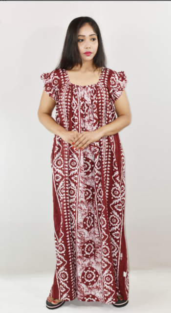 Maroon Cotton Maxi Nighty Square Neck Short Sleeves with pleats