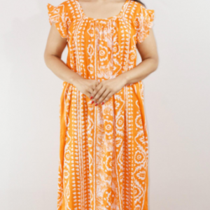 Yellow Cotton Maxi Nighty Square Neck Short Sleeves with pleats