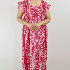 Pink Cotton Maxi Nighty Square Neck Short Sleeves with pleats