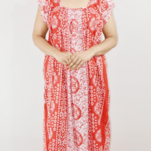 Red Cotton Maxi Nighty Square Neck Short Sleeves with pleats