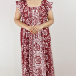 Maroon Cotton Maxi Nighty Square Neck Short Sleeves with pleats