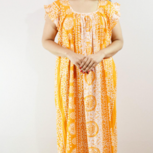 Yellow Cotton Maxi Nighty Square Neck Short Sleeves with pleats