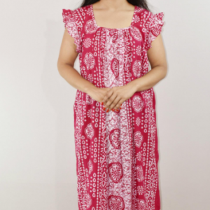 Pink Cotton Maxi Nighty Square Neck Short Sleeves with pleats
