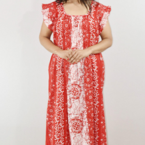 Red Cotton Maxi Nighty Square Neck Short Sleeves with pleats