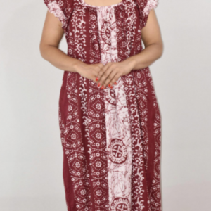 Maroon Cotton Maxi Nighty Square Neck Short Sleeves with pleats