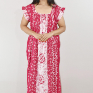 Pink Cotton Maxi Nighty Square Neck Short Sleeves with pleats