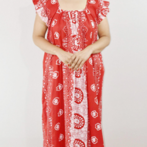 Red Cotton Maxi Nighty Square Neck Short Sleeves with pleats