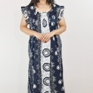 Blue Cotton Maxi Nighty Square Neck Short Sleeves with pleats