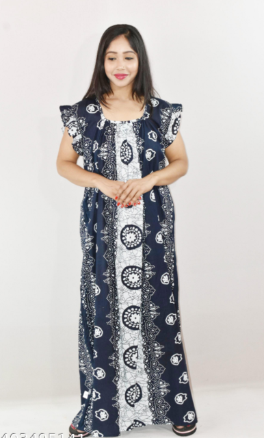 Blue Cotton Maxi Nighty Square Neck Short Sleeves with pleats
