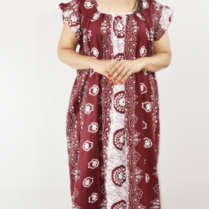 Maroon Cotton Maxi Nighty Square Neck Short Sleeves with pleats