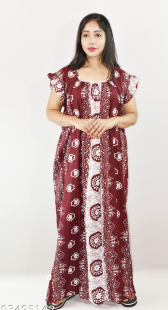 Maroon Cotton Maxi Nighty Square Neck Short Sleeves with pleats