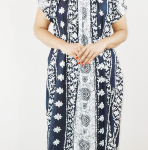 Blue Cotton Maxi Nighty Square Neck Short Sleeves with pleats