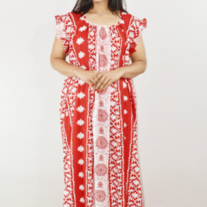 Red Cotton Maxi Nighty Square Neck Short Sleeves with pleats