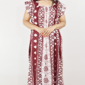 Maroon Cotton Maxi Nighty Square Neck Short Sleeves with pleats