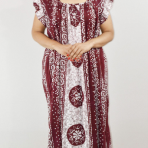 Maroon Cotton Maxi Nighty Square Neck Short Sleeves with pleats