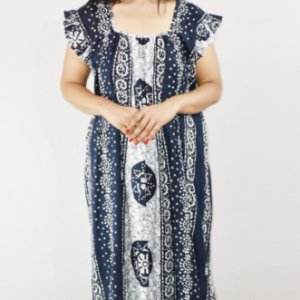 Blue Cotton Maxi Nighty Square Neck Short Sleeves with pleats