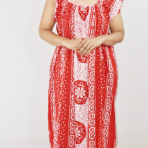 Red Cotton Maxi Nighty Square Neck Short Sleeves with pleats