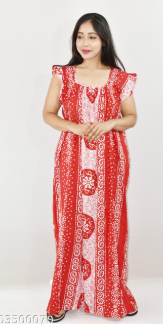 Red Cotton Maxi Nighty Square Neck Short Sleeves with pleats