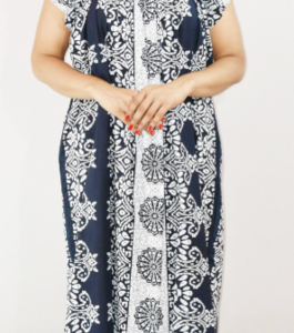 Blue Cotton Maxi Nighty Square Neck Short Sleeves with pleats