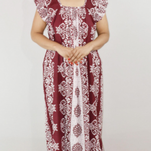 Maroon Cotton Maxi Nighty Square Neck Short Sleeves with pleats